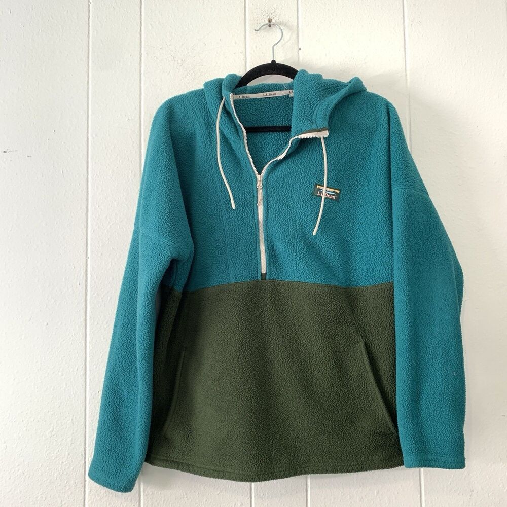 LL Bean Womens Large Teal Green Katahdin Half Zip Sherpa Fleece Pullover Hood